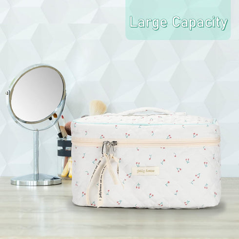 Cotton Makeup Bag, Quilted Cosmetic Bag with Handle Large Capacity Travel Toiletry Bag for Women Cute Aesthetic Floral Makeup Bag (White)...