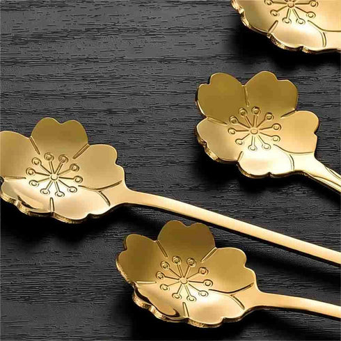 16 Pieces Flower Spoon Coffee Teaspoon 7 Inch Stainless Steel Long Handle Spoon Stir Bar Spoon Stirring Spoon Ice Cream Spoon Gold Sakura Shaped...