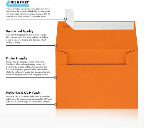 LUXPaper A2 Invitation Envelopes | Peel & Press | 4 3/8" x 5 3/4" | Mandarin Orange | 80lb. Text | 50 Qty...