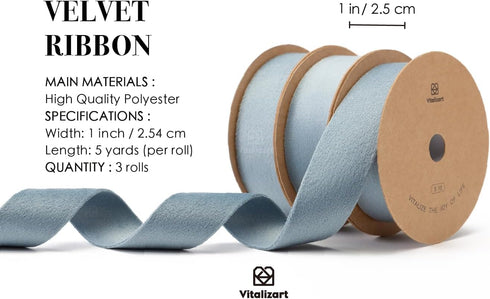 Vitalizart Dusty Blue Velvet Ribbon Set 1 Inch Double Faced for Christmas Ornaments Gift Wrapping 15 Yards Wreath Decoration Bows Making Holiday C...