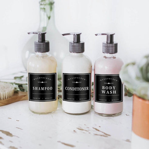 12PCS Bathroom Labels for Soap Dispenser, Removable Bathroom Organization Labels, Waterproof Bottle Labels for Shampoo Conditioner Body Wash (Blac...