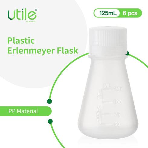 Plastic Erlenmeyer Flask Set with Screw Caps, 6pcs of Vol.125ml Scientific Conical Flask Laboratory Flask,with Molded Graduations, 4023.0651.6...