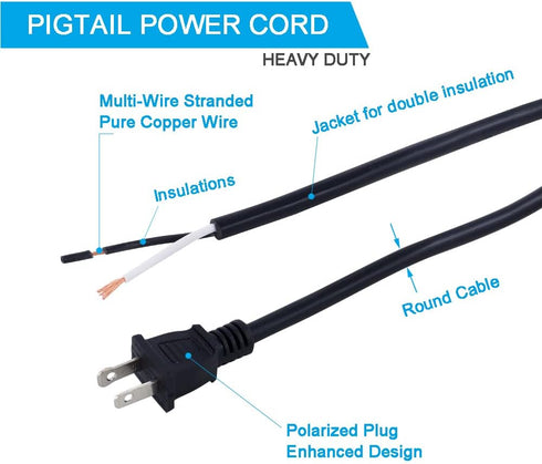 16AWG Replacement Power Cord 2 Prong Pigtail 2 Wire 16 Gauge Polarized Plug Extension Cord 13A 125V 1625W 110V AC Power Supply Cord SJT 6FT Open E...