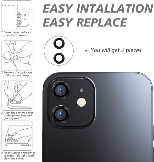 CloudValley Camera Lens Protector for iphone 12/12 Mini / 11, Tempered Glass Film, Aluminum Alloy Screen Cover, 2 Pack Black, with Cleaning Kit......