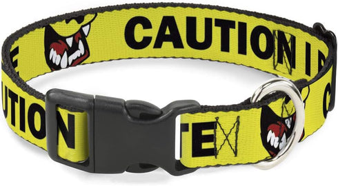 Dog Collar Plastic Clip Pet Quote Caution I Bite with Dog Growl Yellow Black 11 to 17 Inches 1.0 Inch Wide...