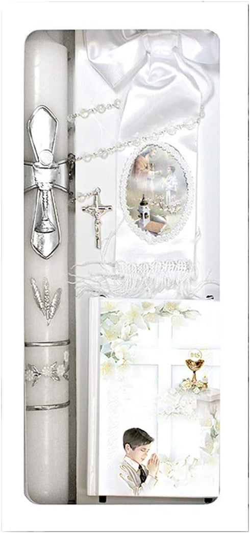 Lito First Communion Candle Set for Boys - White Silver Cross Candle Set Kit for Holy 1st Communion - (English)...