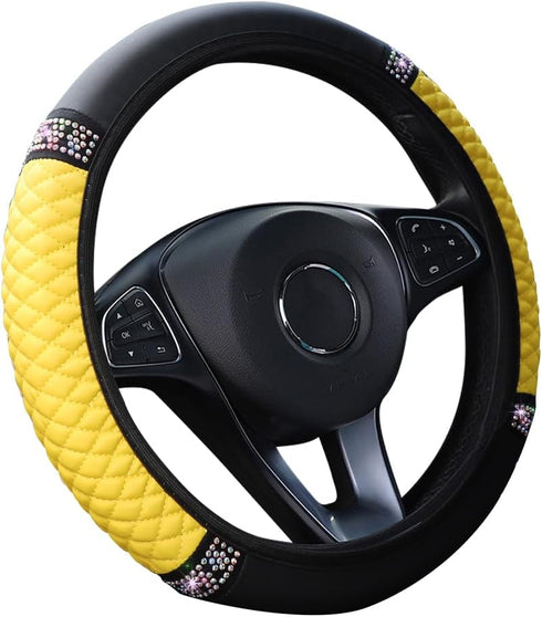Bling Leather Steering Wheel Cover,Universal Non-Slip Colorful Rhinestones Elastic Steering Wheel Protector,Crystal Diamond Car Accessories,15 Inc...