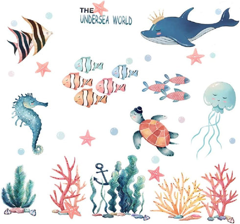 Amaonm Giant Removable 3D DIY Under The Sea World Wall Decals Ocean Animals Wall Stickers Ocean Fish Seahorse Coral Turtle Wall Decor for Girls Be...