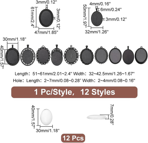 PH PandaHall 24pcs 30x40mm Pendant Trays for Jewelry Making Black Oval Blank Bezel Pendant Trays Settings and Glass Cabochon Memorial Photo Charms...