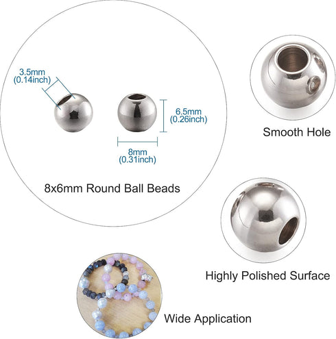 Fashewelry 100Pcs Stainless Steel Rondelle Round Spacer Beads 8mm Polished Smooth Metal Loose Ball Beads for Jewelry Making Hole: 3.5mm...