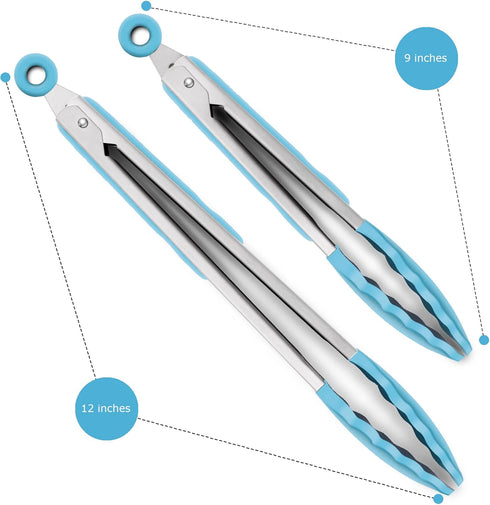 Set of 2 Kitchen Tongs, Premium Stainless Steel Locking 9-Inch & 12-Inch Silicone Grilling Barbeque Cooking Food Tong, Blue...