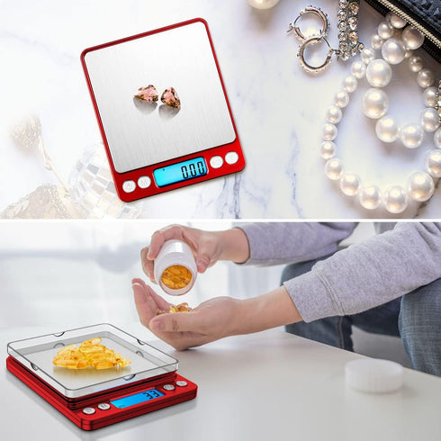 AMIR Digital Kitchen Scale, 500g/ 0.01g Mini Pocket Jewelry Scale, 100g Calibration Weight, Cooking Food Scale with Back-Lit LCD Display, 2 Trays,...