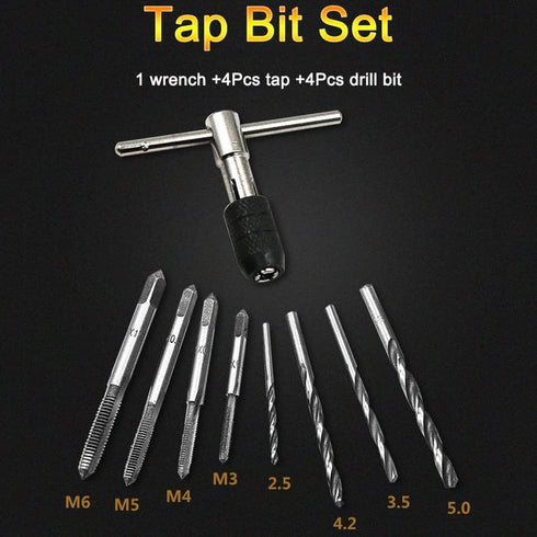 9 Pcs Adjustable T-Handle Ratchet Tap Holder Wrench Tap Wrench Set Handle Ratchet Machine Screw Thread Metric Tap Drill Set Hand Tools with 4 Pcs ...