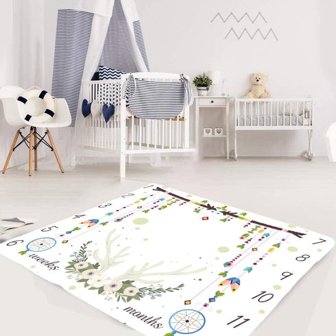 Deer Baby Monthly Milestone Blanket, 48x40in Antlers Wind Chimes Blanket Bohemian Style Dream Catcher for Nursery Newborn Baby Shower,Baby Growth ...