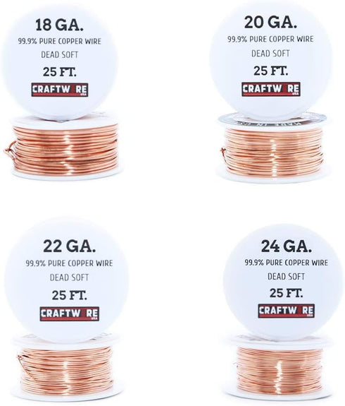 Solid Bare Copper Wire Round, Bright, Dead Soft, 25 Feet 18, 20, 22, 24 Gauge...