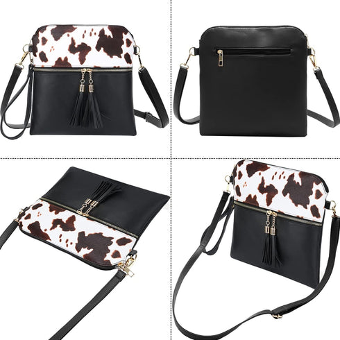 Sunwel Fashion Cow Print Wristlet Tassel Purse-Zipper Pockets Crossbody Bag Shoulder Handbag for Women...