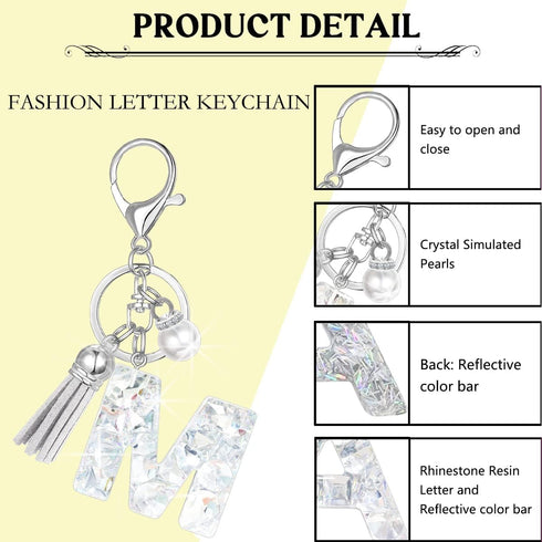 Women's Rhinestone Alphabet Letter Keychain Tassel, Simulated Pearls and Initial with Key Ring Bag Charm for Handbags...