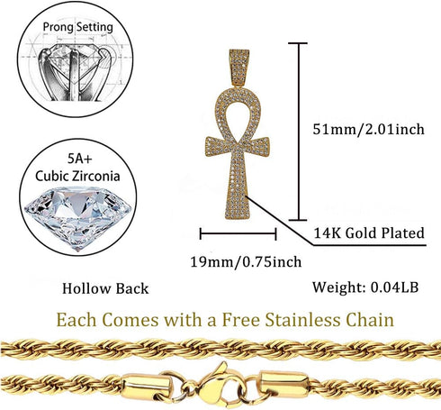 TOPGRILLZ Ankh Cross Necklace for Women Gold Cross Necklace for Men Rope Pendant Necklace Iced out 14K Gold Plated 24 Stainless Steel Chain Birthd...