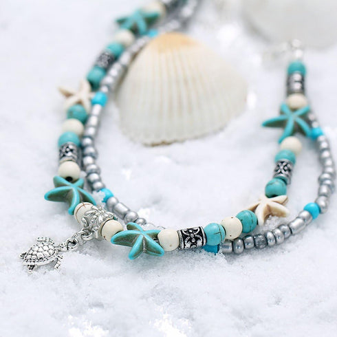 Zoestar Boho Starfish Turtle Anklet Ankle Bracelet Beaded Foot Accessories Double Layer Jewelry for Women(Silver/1Pc)...