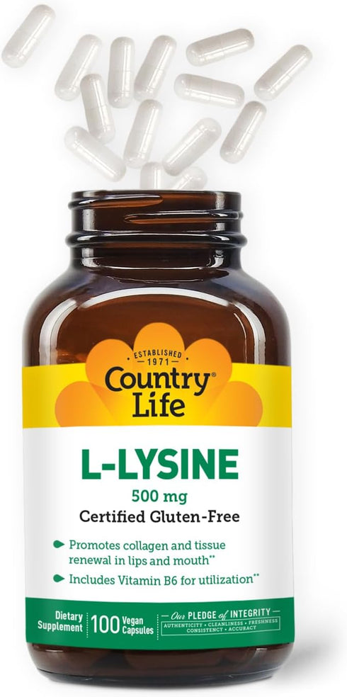 Country Life L-Lysine 500mg with B-6, Supports Immune Health, Promotes Collagen Renewal in Lips and Mouth, 100 Vegan Capsules, Certified Gluten Fr...
