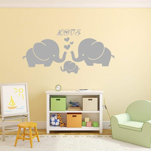 Large Cute Elephant Family with Hearts Wall Decals Baby Nursery Decor Kids Room Wall Stickers, (Large) 40''W x19''H, Grey...