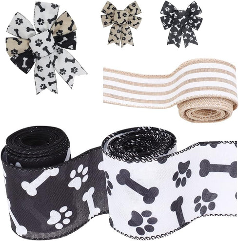 3 Rolls 1.5'' and 2.5'' Doggy Paw Print & Dog Ribbon(30 Yards), Lover Wired Edge Linen Ribbon,Stripes , Polka Dots Ribbons for Floral Arrangements...