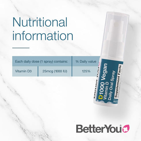 BetterYou D1000 Vegan Vitamin D Oral Spray - Convenient Alternative for Tablets - Plant-Origin - Promotes Strong Bones, Teeth and Immune System - ...