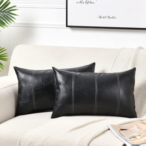 Fancy Homi 2 Packs Black Long Lumbar Faux Leather Decorative Throw Pillow Covers 16x24 Inch for Living Room Couch Bed Sofa, Boho Farmhouse Home De...