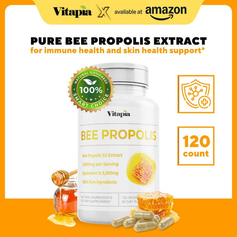 Bee Propolis Extract Capsules 1000mg Supplement for Immune Support, Vitality, Skin Health - Potent Polyphenols, Flavanoids, Antioxidants - 120 Cou...