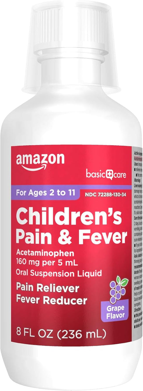 Amazon Basic Care Children's Pain and Fever, Acetaminophen 160 mg per 5 mL Oral Suspension, Grape Flavor, 8 fl oz...