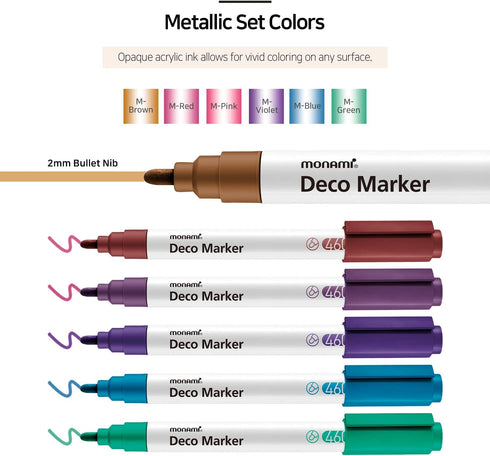 MONAMI Deco Marker 460, Bullet Tip (2.0mm), Water-Based Premium Acrylic Paint Markers for Home Decorations, Arts, Crafts, METALLIC 6-Pack (M-Red, ...