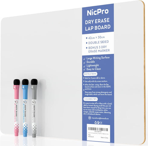 Nicpro 12 x 16 inches Lapboard Small Dry Erase Lap Board Double Sided with 3 Water-Based Pens Learning Mini Whiteboard Portable for Kid Student an...