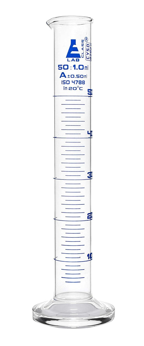 EISCO Graduated Cylinder, 50ml - Class A Tolerance ±0.50ml - Round Base - Blue Graduations - Borosilicate 3.3 Glass...