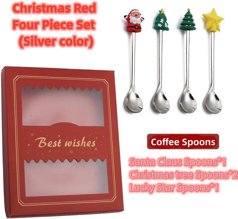 Christmas Coffee Spoons Coffee Stirrers Cake spoon Premium Stainless Steel Ice Tea Spoons, Ice Cream Spoon, Cocktail Stirring Spoons Set of 4?Silv...