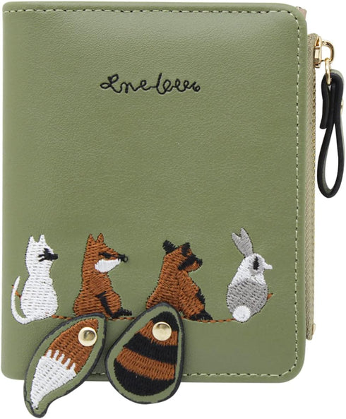 Womens Wallet, Leather Purse Credit Card Holder with with Embroidered Animal Pattern, Portable and Small Wallets for Women with Zipper Pocket (gre...