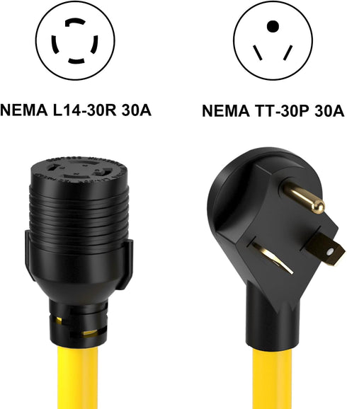 NEMA TT-30P to L14-30R Adapter Cord, 1.5 FT 10AWG 30 Amp 3 Prong to 4 Prong Generator Plug Adapter, Generator Transfer Switch Adapter, Generator t...