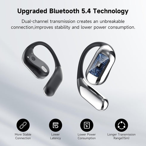 Open Ear Bluetooth 5.4 Earbuds,IPX6 Waterproof Air Conduction Headphones,50H Playtime,Ergonomic Ear Hook,Built-in Mic,LED Display Charging Case,Sp...