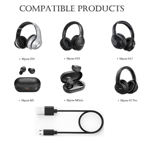 USB Micro Mpow Headphones Charger Cable Compatible for Mpow 059, M5, H19 IPO, H17, H7 Pro, H7, H12, MDots, Jaws Over Ear Hi-Fi Headphones Micro US...