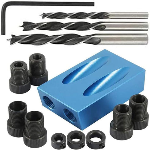 Pocket Hole Jig 14Pcs Kit - Woodwork Guides Joint Angle Tool Carpentry Locator - 15° Woodworking Inclined Hole Fixture 6/8/10mm Drill Bits Dowel S...