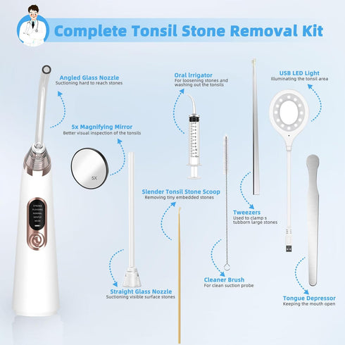 Voraiya Electronic Tonsil Stone Remover Vacuum,10 in 1 Tonsil Stone Removal Kit, 5 Modes Tonsil Stone Cleaner Instant Suction Tool, Easy to Use, F...