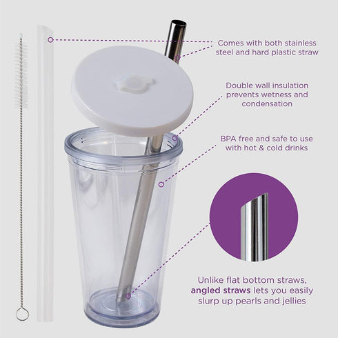 Reusable Boba Cup for Regular Size Bubble Tea (16 Oz), Angled Straws, Leak Proof Design, Double Wall Insulated Bubble Tea Cup...