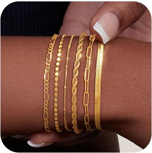 Gold Bracelets for Women 14k Real Gold Plated Dainty Bracelet Stack Set for Women Trendy Cuban Paperclip Link Snake Rope Figaro Chain Cute Stackab...