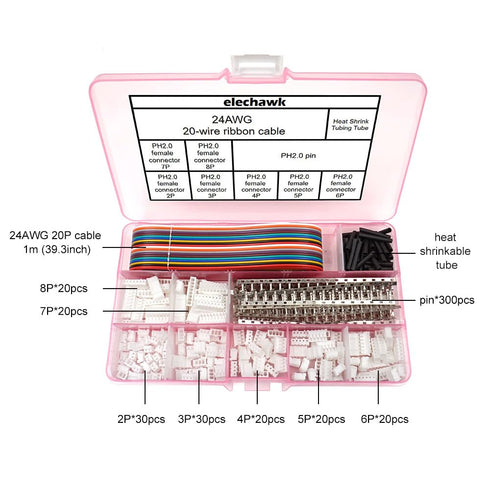 JST PH 2.0 Connectors Pin Header and Ribbon Cable Wire Kit 2.0mm Pitch JST PH - 2/3/4/5/6/7/8 Female Pin Male Housing...
