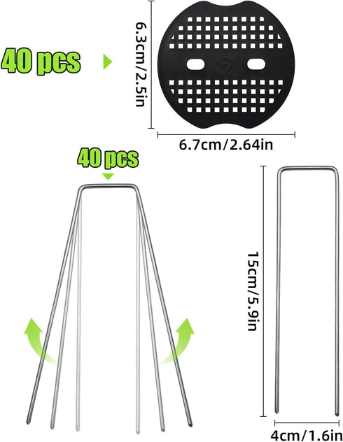 40 Pack 6 Inch Landscape Staples & 40pcs Fixing Gasket Sets, Garden Stakes Galvanized Steel Fabric Pins Heavy-Duty U Shape Sod Turf Pins for Groun...