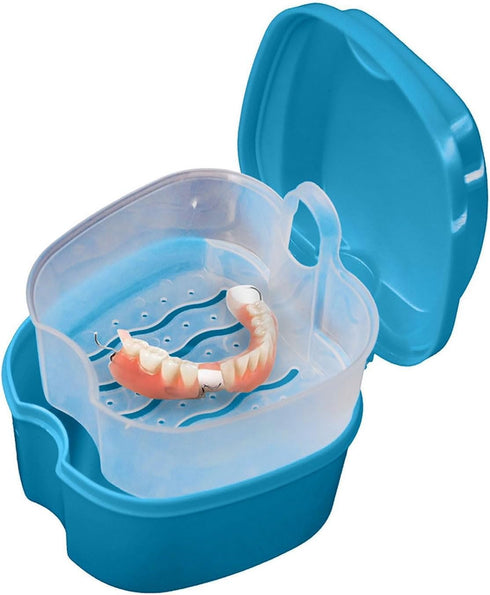 Blue Denture Case,Denture Bath Cup Case Box Holder Storage Soak Container,Denture Bath Box False Teeth Storage Box with Basket Net Container Holde...