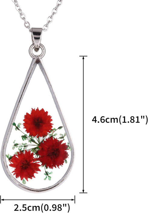 Red Turquoise Pressed Flowers Teardrop Drop Dangle Earrings Pendant Necklace Jewelry Set, 2 Colors...