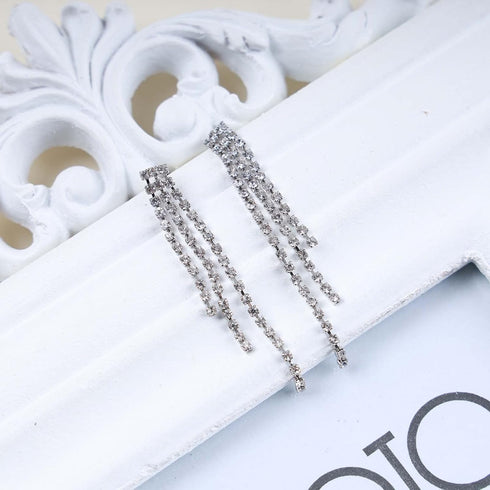 Boho Rhinestone Tassel Earrings Silver Long Crystal Chain Earrings Long Crystal Cz Drop Earrings Vintage Cz Tassels Chain Earrings Wedding Chandel...