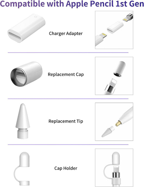 Magnetic Cap, Charging Adapter, Replacement Tip and Cap Holder- Compatible with Apple Pencil 1st Gen Pencil......