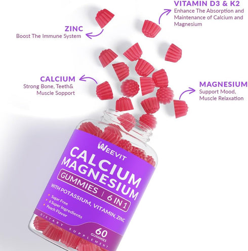 Sugar Free Calcium Gummies 600mg w/Vitamin D3 K2, Potassium, Calcium Magnesium Zinc Gummies for Bone, Muscle & Immune, Algae Calcium Magnesium 2:1...
