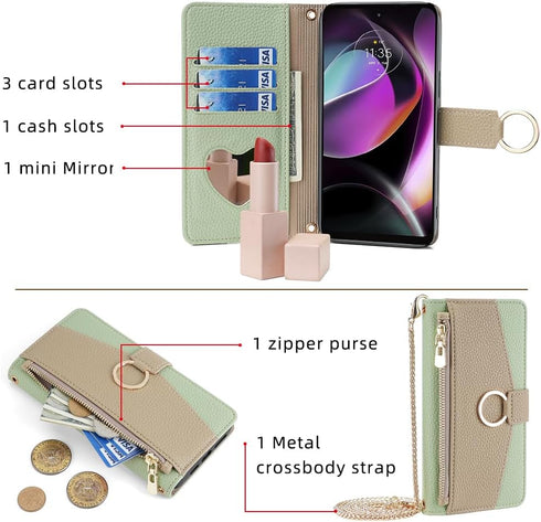 Asuwish Phone Case for Motorola Moto G 5G 2022 Wallet Cover with Screen Protector and Mirror Flip Cover Ring Card Holder Crossbody Strap Stand Cel...